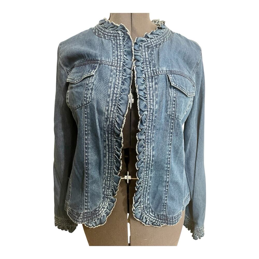 Vintage 80s Cynthia Max Denim Open Front Jacket Size Medium Blue Ruffles